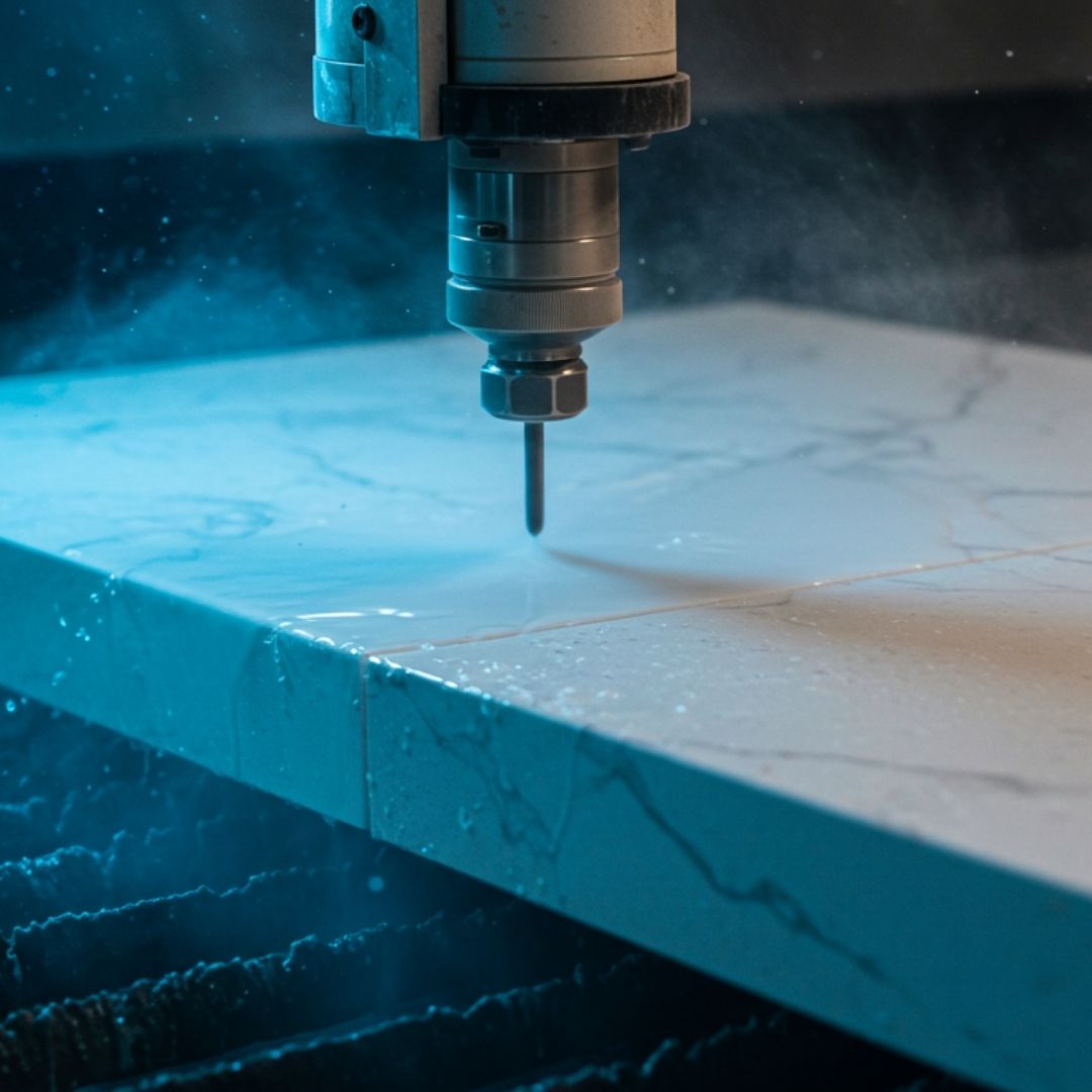 Waterjet kesim teknolojisiyle porselen yüzeyin hassas bir şekilde kesilmesi.